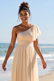 One Shoulder Chiffon Apricot Long Bridesmaid Dress with Slit