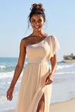 One Shoulder Chiffon Apricot Long Bridesmaid Dress with Slit