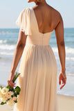 One Shoulder Chiffon Apricot Long Bridesmaid Dress with Slit
