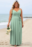 Plus Size Ruffled Sage Green Long Bridesmaid Dress with Sash
