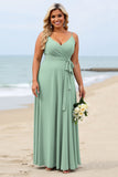 Plus Size Ruffled Sage Green Long Bridesmaid Dress with Sash