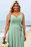 Plus Size Ruffled Sage Green Long Bridesmaid Dress with Sash