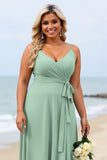 Plus Size Ruffled Sage Green Long Bridesmaid Dress with Sash