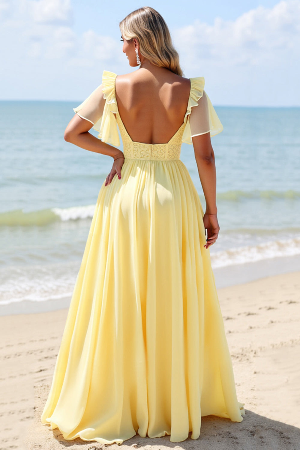 LVNES Women Chiffon Bridesmaid Dress with Slit Yellow A Line Flutter Sleeve V-Neck Long Wedding Guest Dress Lvnes LVNES Women Chiffon Bridesmaid Dress with Slit Yellow A Line Flutter Sleeve V-Neck Long Wedding Guest Dress Lvnes