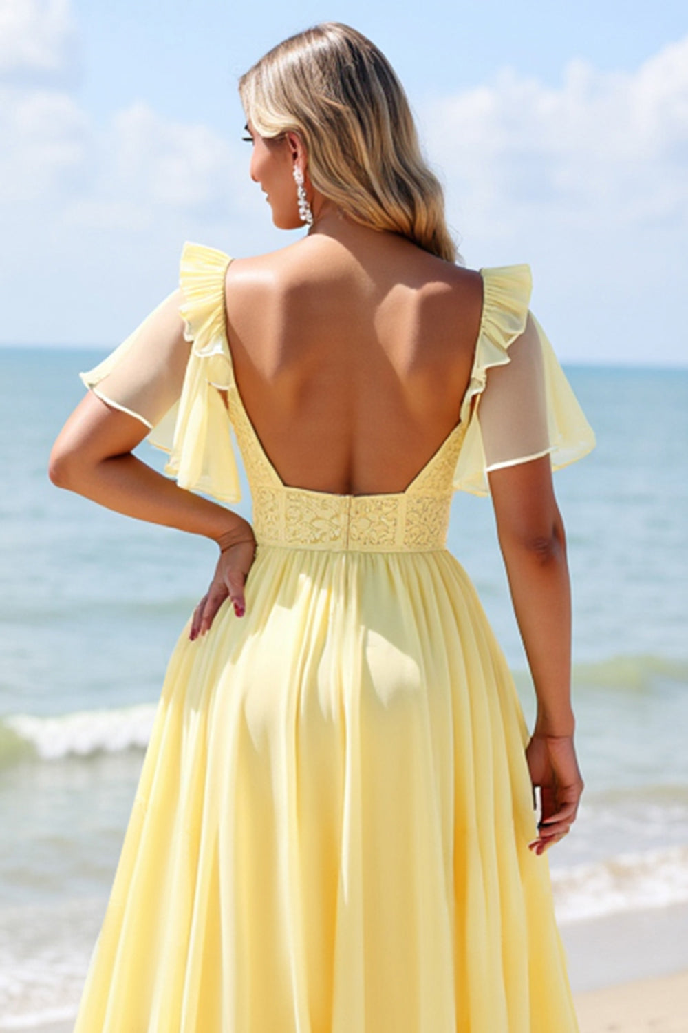 LVNES Women Chiffon Bridesmaid Dress with Slit Yellow A Line Flutter Sleeve V-Neck Long Wedding Guest Dress Lvnes LVNES Women Chiffon Bridesmaid Dress with Slit Yellow A Line Flutter Sleeve V-Neck Long Wedding Guest Dress Lvnes