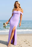 Off The Shoulder Sheath Lilac Long Bridesmaid Dress with Slit