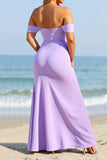 Off The Shoulder Sheath Lilac Long Bridesmaid Dress with Slit