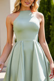 Ruffled A Line Halter Sage Green Long Bridesmaid Dress