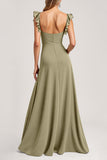 Ruffled A Line Olive Long Bridesmaid Dress with Slit