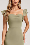 Ruffled A Line Olive Long Bridesmaid Dress with Slit