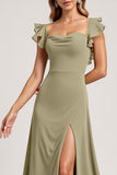 Ruffled A Line Olive Long Bridesmaid Dress with Slit