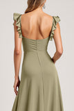 Ruffled A Line Olive Long Bridesmaid Dress with Slit