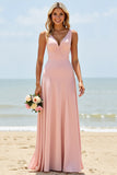 A Line V Neck Blush Long Bridesmaid Dress