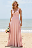 A Line V Neck Blush Long Bridesmaid Dress