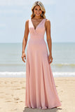 A Line V Neck Blush Long Bridesmaid Dress