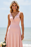 A Line V Neck Blush Long Bridesmaid Dress