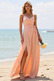 Sunset A Line Spaghetti Straps Long Bridesmaid Dress with Slit