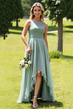 Sage Green Tulle A Line High Low Bridesmaid Dress