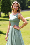 Sage Green Tulle A Line High Low Bridesmaid Dress