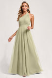 Dusty Sage One Shoulder Ruched A Line Long Bridesmaid Dress