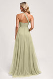 One Shoulder A Line Dusty Sage Long Bridesmaid Dress