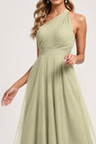 Dusty Sage One Shoulder Ruched A Line Long Bridesmaid Dress