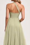One Shoulder A Line Dusty Sage Long Bridesmaid Dress