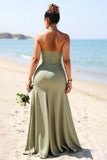 Olive Halter Plus Size A Line Long Bridesmaid Dress With Slit