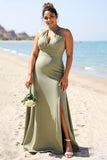 Olive Halter Plus Size A Line Long Bridesmaid Dress With Slit