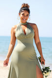 Olive Halter Plus Size A Line Long Bridesmaid Dress With Slit