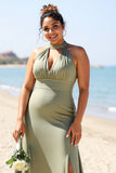 Olive Halter Plus Size A Line Long Bridesmaid Dress With Slit