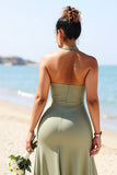 Olive Halter Plus Size A Line Long Bridesmaid Dress With Slit