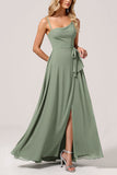 Eucalyptus A Line Spaghetti Straps Long Bridesmaid Dress With Slit