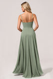 Eucalyptus A Line Spaghetti Straps Long Bridesmaid Dress With Slit