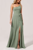 Eucalyptus A Line Spaghetti Straps Long Bridesmaid Dress With Slit