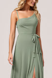 Eucalyptus A Line Spaghetti Straps Long Bridesmaid Dress With Slit