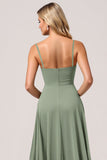 Chiffon A-Line Eucalyptus Long Bridesmaid Dress with Slit