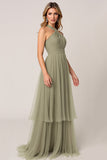 Halter A Line Tulle Olive Long Bridesmaid Dress
