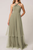 Halter A Line Tulle Olive Long Bridesmaid Dress