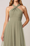 Halter A Line Tulle Olive Long Bridesmaid Dress