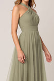 Olive Halter Tiered Tulle A Line Long Bridesmaid Dress