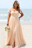 Apricot Spaghetti Straps Plus Size A Line Long Bridesmaid Dress With Slit