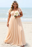 Apricot Spaghetti Straps Plus Size A Line Long Bridesmaid Dress With Slit