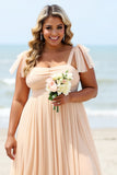 Apricot Spaghetti Straps Plus Size A Line Long Bridesmaid Dress With Slit