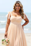 Apricot Spaghetti Straps Plus Size A Line Long Bridesmaid Dress With Slit