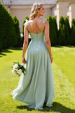 Sage Green Tulle Spaghetti Straps A Line Long Bridesmaid Dress