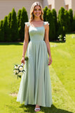 Sage Green Tulle Spaghetti Straps A Line Long Bridesmaid Dress