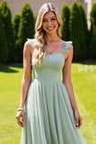 Sage Green Tulle Spaghetti Straps A Line Long Bridesmaid Dress