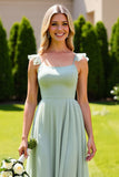 Sage Green Tulle Spaghetti Straps A Line Long Bridesmaid Dress