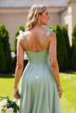 Sage Green Tulle Spaghetti Straps A Line Long Bridesmaid Dress